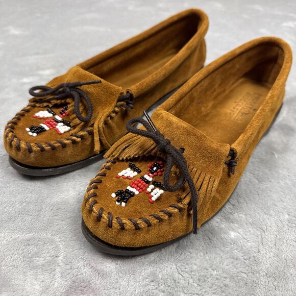 Minnetonka Thunderbird Moc Suede Moccasins Sz 9 Beaded Brown Slip On Slipper - Picture 4 of 11